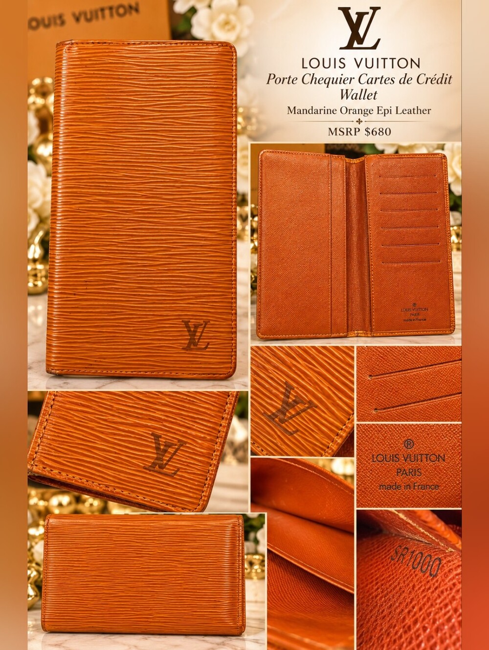 Vintage LV Porte Chequier Cartes de Crédit Wallet in Mandarine Orange Epi - $680